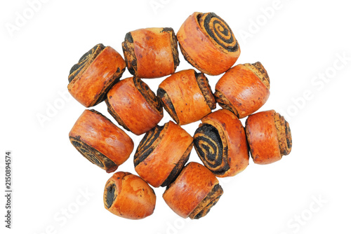 Poppy seed buns isolated on a white background. Traditional bakery. Top view. Variety of gourmet bake.