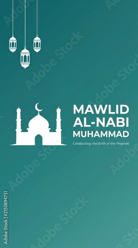 Mawlid al-nabi muhammad celebration greeting card design with mosque silhouette and traditional hanging lanterns on a green background