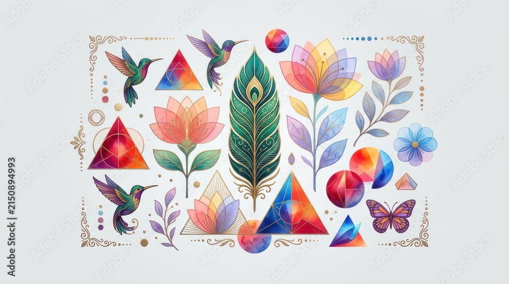 Obraz premium Watercolor nature elements and geometric shapes