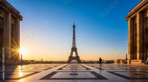 Eiffel Tower and Paris Cityscape at Sunrise from Trocadéro Square, France