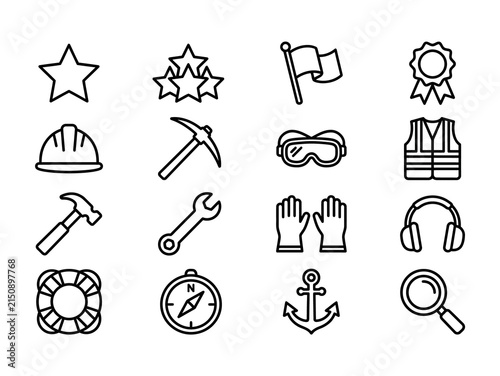 A collection of sixteen black and white line art icons featuring various industrial tools safety equipment nautical symbols and miscellaneous professional graphic design elements