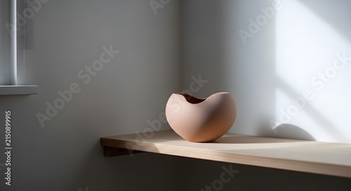 Minimalist ceramic vase on a wooden shelf with natural light.