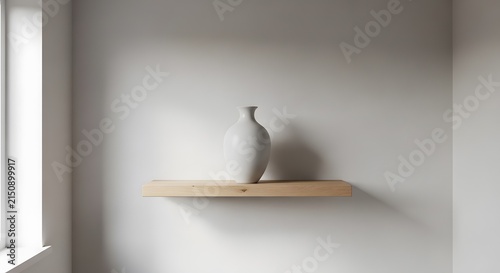 Minimalist interior design with a single vase on a wooden shelf against a gray wall.