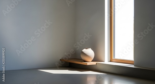 Minimalist Interior Corner with Sunlight and Ceramic Vase.