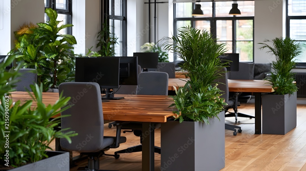 Naklejka premium Modern office space featuring wooden desks gray chairs and lush green plants under large
