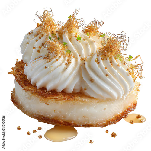 Delicious dessert with creamy frosting, caramelized topping, and a golden base, perfect for sweet treats and celebrations.