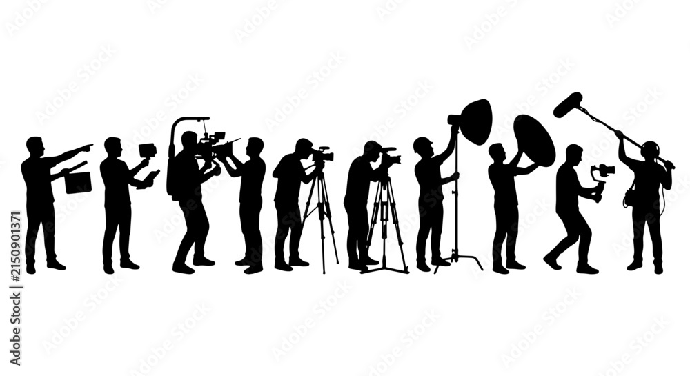 Obraz premium Filmmaker Crew Silhouettes, 10 Vector Icons: Camera Operators, Lighting Technicians, Boom Mic Holders, Action Clapperboard, Video Production Team, Cinematography Professionals, Media Creation