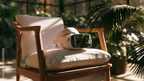 White virtual reality VR headset placed on comfortable wooden armchair in lush green sunroom indoor garden.