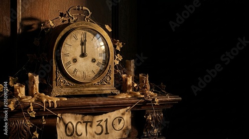 Vintage mantle clock with melting candles on wooden shelf decorated with autumn ivy leaves and banner displaying october 31 as centerpiece for spooky halloween home decor.