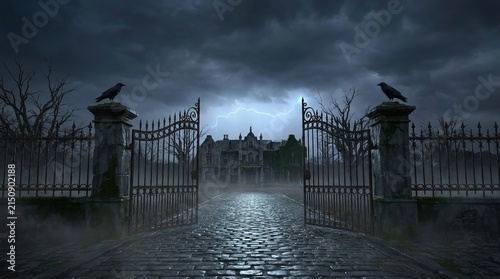 Old abandoned mansion with spooky gate at night, creepy halloween backdrop, gothic haunted house with dark clouds and dramatic lightning in the sky.