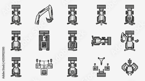 Professional Top Down Illustrations of Heavy Machinery and Construction Equipment in Monochrome