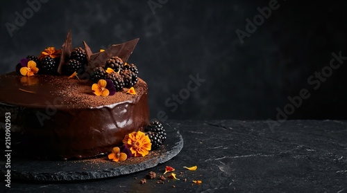 Dark chocolate cake decorated with fresh blackberries, edible flowers, and chocolate shards on a slate serving board with dark background for elegant dessert display.