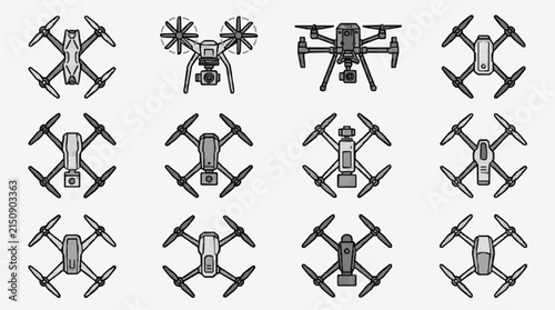 Sleek Collection of Modern Quadcopter Drones in Monochrome Line Art Design for Tech and Aviation Projects