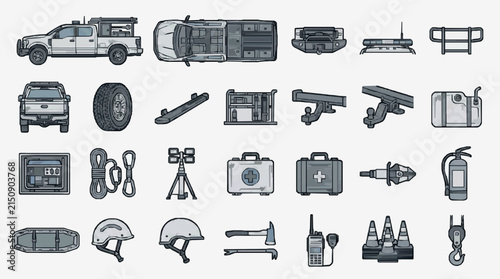 Sleek Monochrome Set of Emergency Response Vehicles Tools and Safety Gear for Professional Use with high quality professional line art symbols for modern creative design and digital branding projects