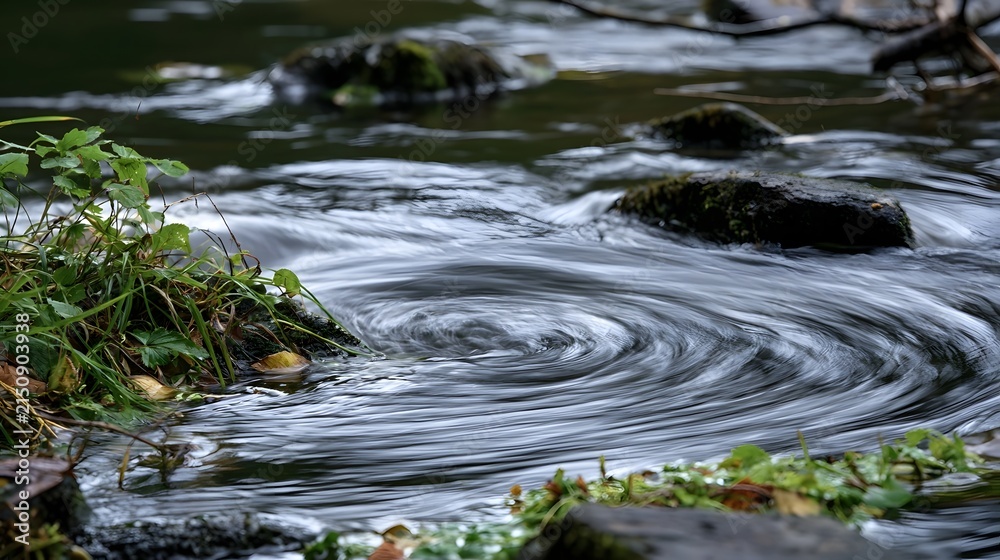 Fototapeta premium A serene river flows around moss covered rocks and lush green vegetation creating swirling patterns on its surface