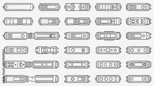 Sleek Minimalist Line Icons of Various Stylized Train and Bus Vehicles in Monochrome with high quality professional line art symbols for modern creative design and digital branding projects