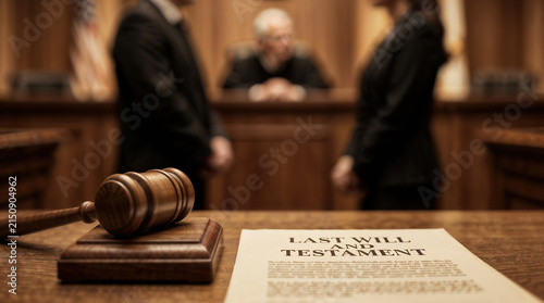 Wooden gavel and last will document inside a legal courtroom