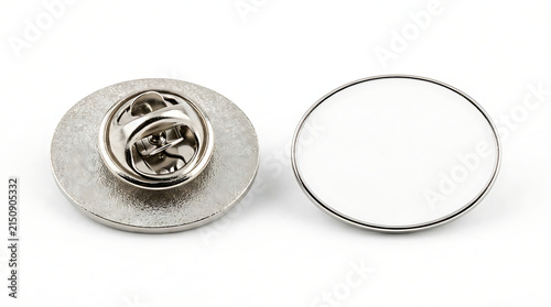 Two blank white oval metal lapel pins with silver clasps