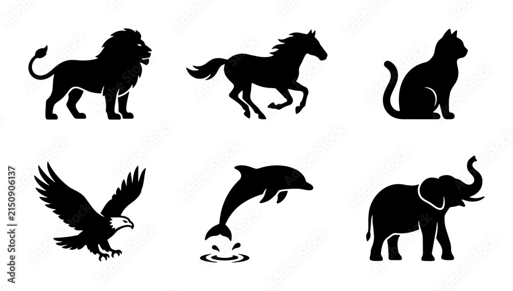 Obraz premium Diverse Animal Silhouettes Collection: Lion, Horse, Cat, Eagle, Dolphin, Elephant Icons for Wildlife and Nature Projects