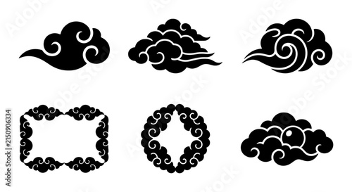 Traditional Asian Cloud Vector Icons, Decorative Swirl Elements, Oriental Sky Motifs, Black and White Graphic Set