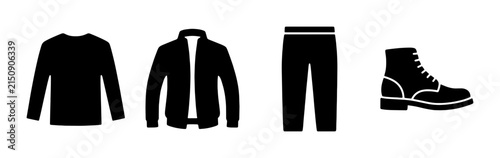 Quadro su tela Black Silhouette Clothing Icons: Long Sleeve Shirt, Jacket, Pants, and Boot Set