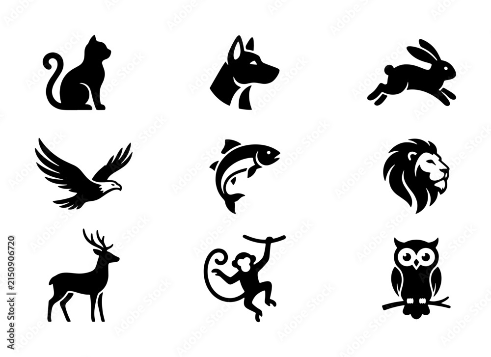 Obraz premium Set of 9 Black Animal Icons: Cat, Dog, Rabbit, Eagle, Fish, Lion, Deer, Monkey, Owl, Vector Graphics for Branding and Design