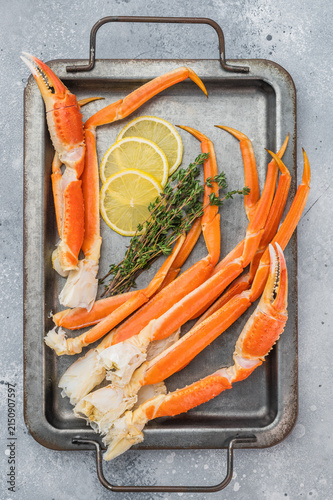 Premium king kamchatka crab legs cooked and cleaned on metal platter stone background seafood delicacy copy space