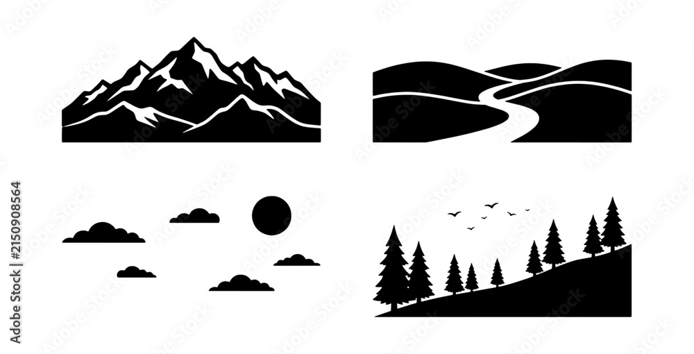 Fototapeta premium Minimalist Landscape Vector Icons Set: Mountains, River Valley, Clouds, Sun, Forest Silhouette, Birds. Black and White Graphic Elements for Nature Themes.