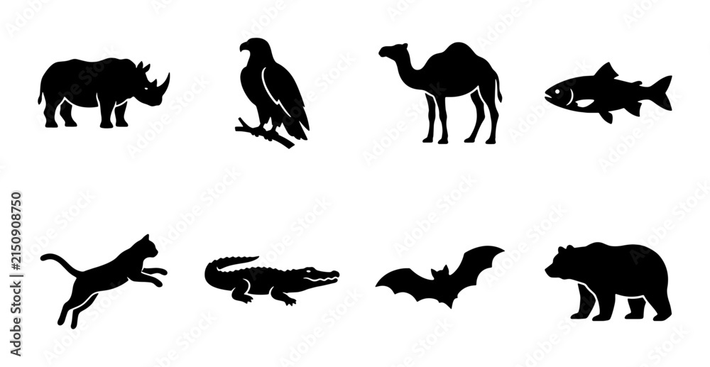 Obraz premium Diverse Wildlife Silhouettes Collection, 8 Animal Icons Vector Set, Nature and Zoo Creatures Graphic Resources