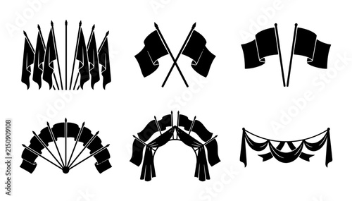 Black Flag and Banner Vector Icons Set, Celebration and Award Graphics, Festive Decoration Elements, Event Symbols Collection