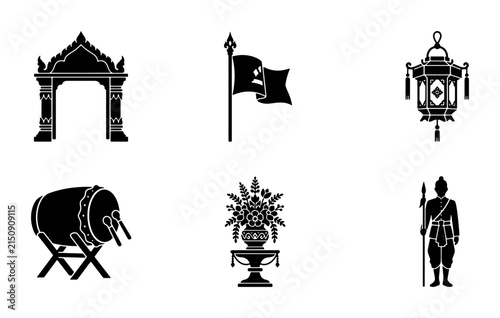 Thai Cultural Icons Set: Traditional Archway, Flag, Lantern, Drum, Flower Vase, Guard Vector Graphics for Asian Heritage and Celebration Designs