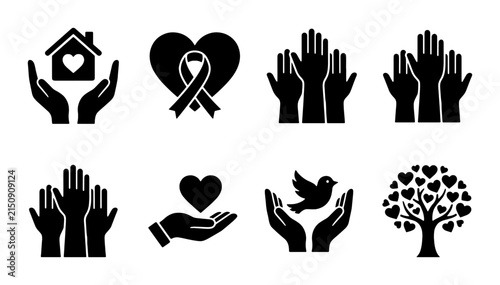 Charity and Support Icons: Hands Holding House, Heart with Ribbon, Raised Hands, Dove, Tree of Hearts, Vector Graphics for Social Causes