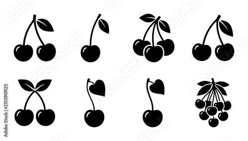 Set of 8 Black Cherry Icons, Simple Fruit Vector Graphics, Fresh Berry Illustrations for Food Design and Healthy Lifestyle Concepts
