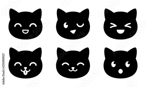 Cute Black Cat Faces Vector Icons, Kawaii Expressions Set, Adorable Animal Emoticons for Digital Design, Simple Silhouette Collection