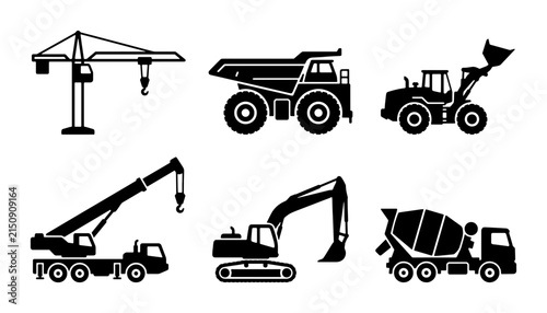 Construction Equipment Icons Set, Heavy Machinery Vector Graphics, Industrial Vehicles Collection, Building Site Tools
