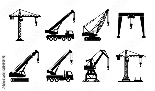 Construction Crane Icons Set, Heavy Machinery Vector Graphics, Industrial Lifting Equipment Collection, Engineering Tools Illustrations