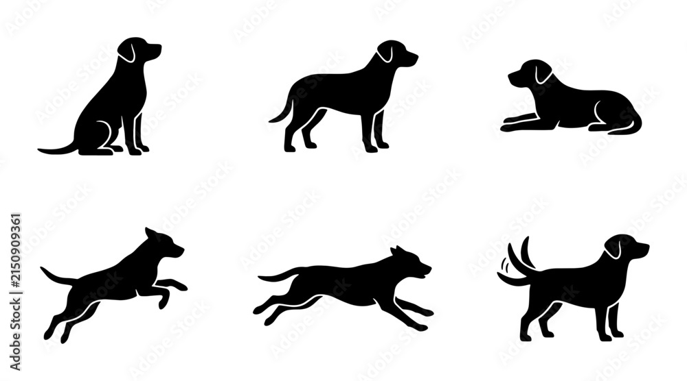 Fototapeta premium Black Dog Silhouettes Vector Set, Canine Poses Collection, Animal Icons for Pet Lovers, Graphic Design Elements