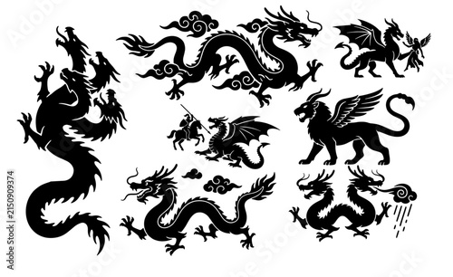 Photography Mythical Dragon Silhouettes Collection, Asian Folklore Creatures, Fantasy Beasts