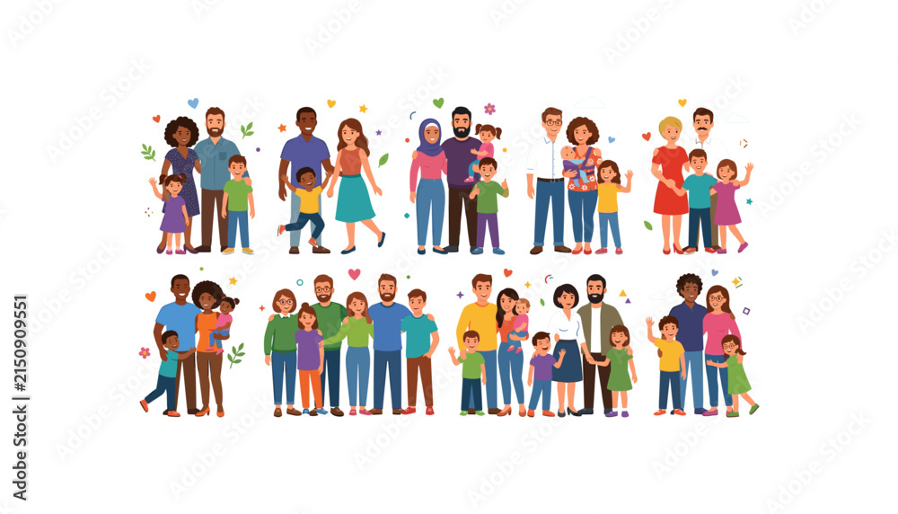 Fototapeta premium Diverse Multicultural Families and Parents with Children Standing Together in Happy Group Portraits, Community and Family Unity Cartoon Vector Illustration