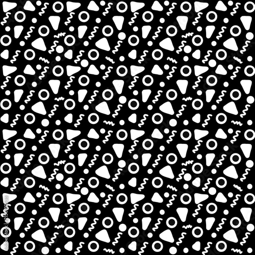 Black and white geometric seamless pattern with memphis shapes