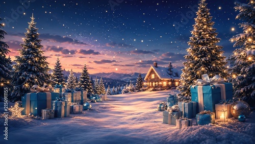 Christmas gifts and glowing cabin among snowy trees beneath a starry twilight sky.