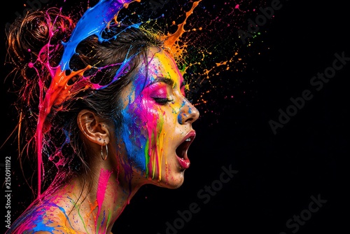 Woman covered in splashing paint with eyes closed, expressing intense emotion and release.