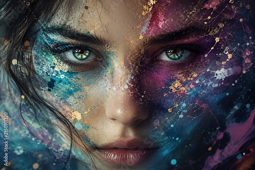 Young woman with turquoise eyes and abstract face paint gazing forward with striking intensity.