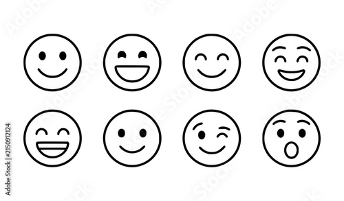Happy Face Emoji Outline Icon Set, Linear Smile Emoticon Vector Collection
