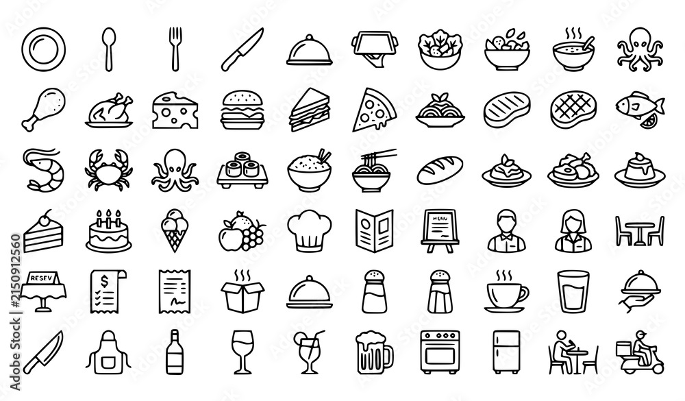 Fototapeta premium Professional Restaurant Food Menu and Dining Outline Icon Set Editable Stroke Vector Illustration