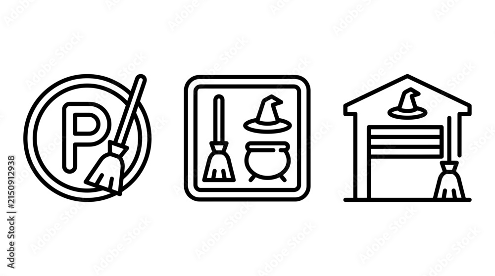 Fototapeta premium Icon set depicting magical parking and storage including a witch broom parking sign a cauldron set a broom garage line art cauldron illustration mystical supernatural business graphics