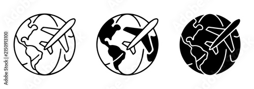 Global Travel Icons, Airplane Around Earth Vector Set, International Flight Symbols, Transportation Graphics