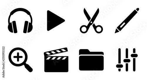 Video Editing Icons Set, Media Production Symbols, Multimedia Tools Collection, Audio Visual Graphics