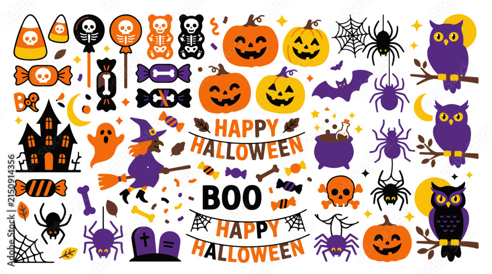 Fototapeta premium Halloween Party Icons Collection Ghosts Bats Spiders Owls Pumpkins and Haunted House