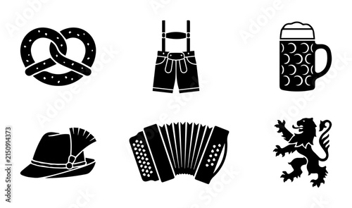 Obraz na plátně Bavarian Icons Set: Pretzel, Lederhosen, Beer Mug, Hat, Accordion, Lion Emblem V